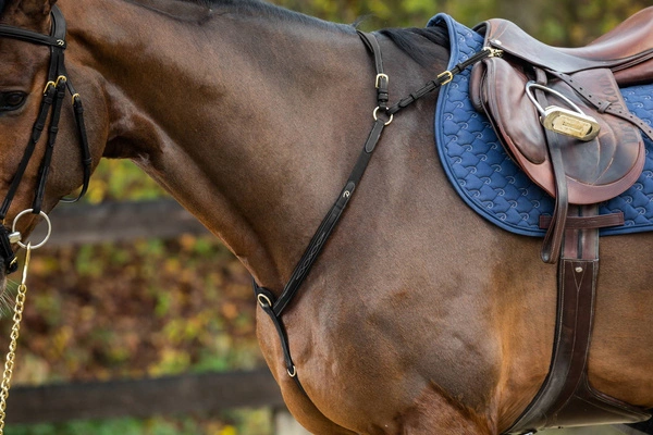 skórzany napierśnik z mostkiem, stabilizacja siodła, komfort konia.webp